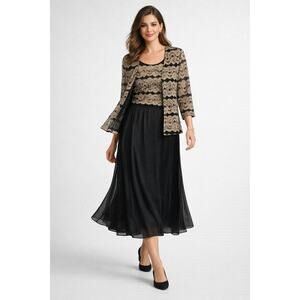 AGB Black Gold Lace 3 Piece Outfit Skirt Tank Jacket Size 12 Elegant Set